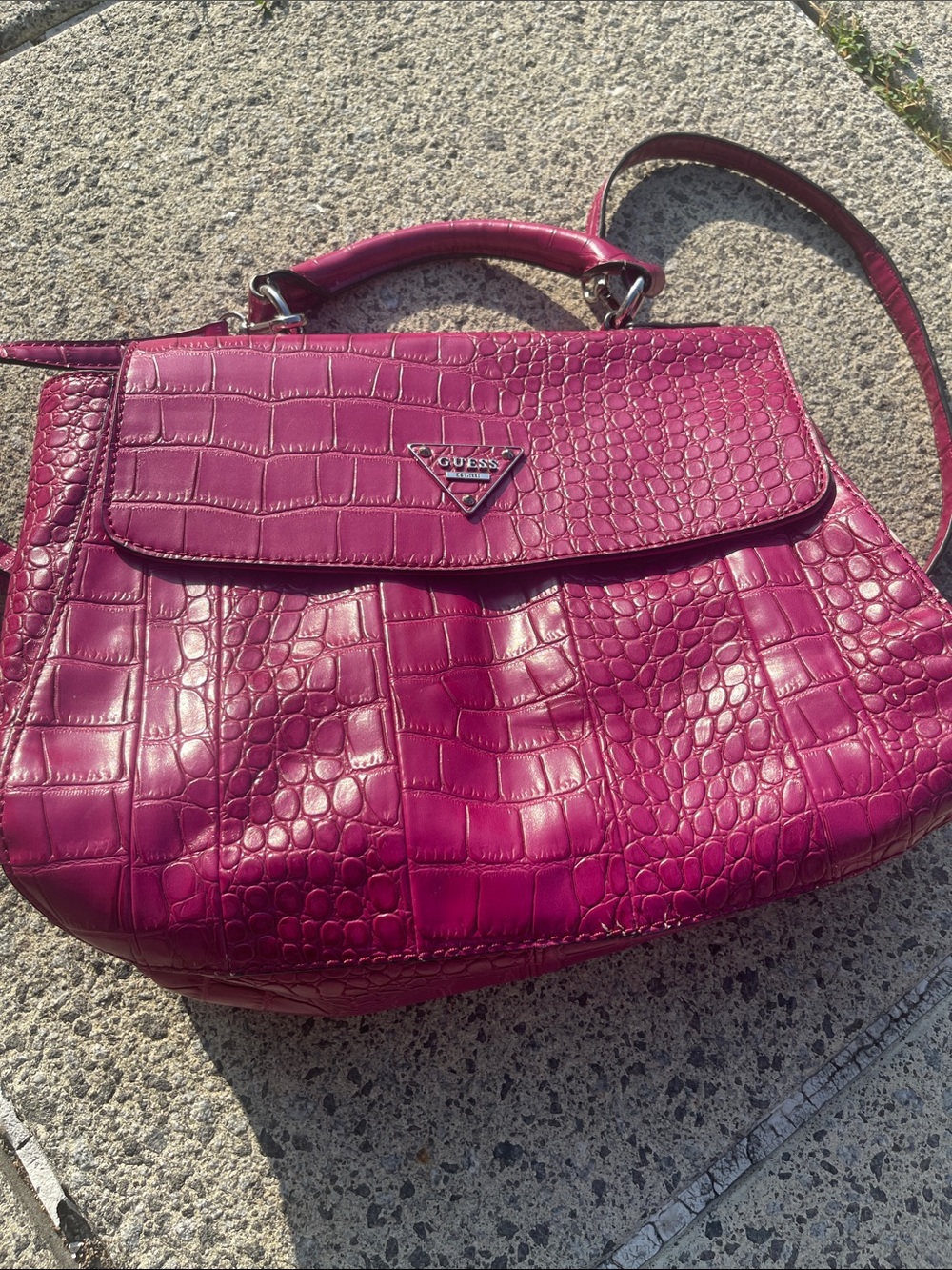 GUESS Magenta Croc-Embossed Top-Handle Satchel